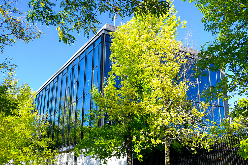 Exterior of glass building at Hyde Park